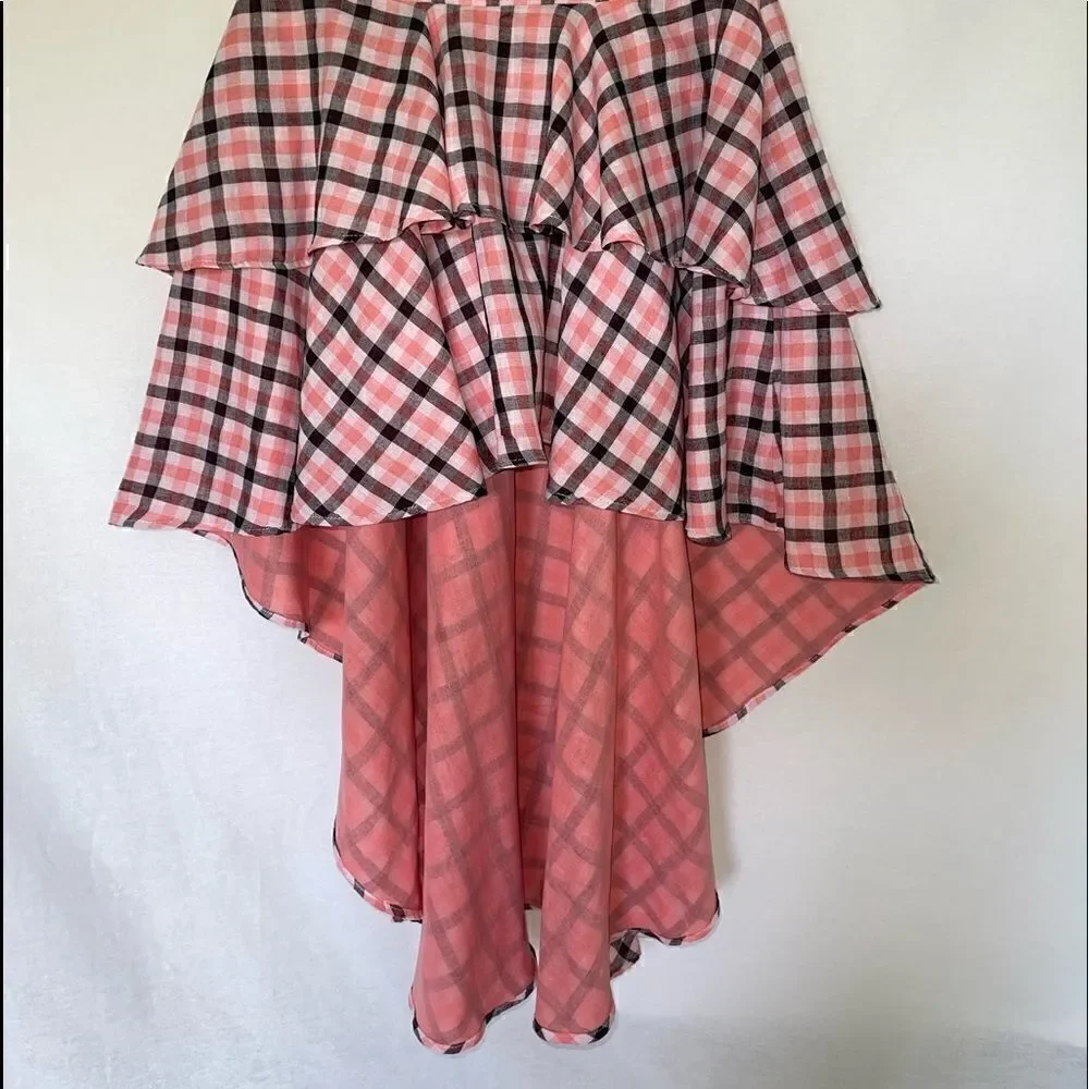 Coral Plaid High Low Skirt